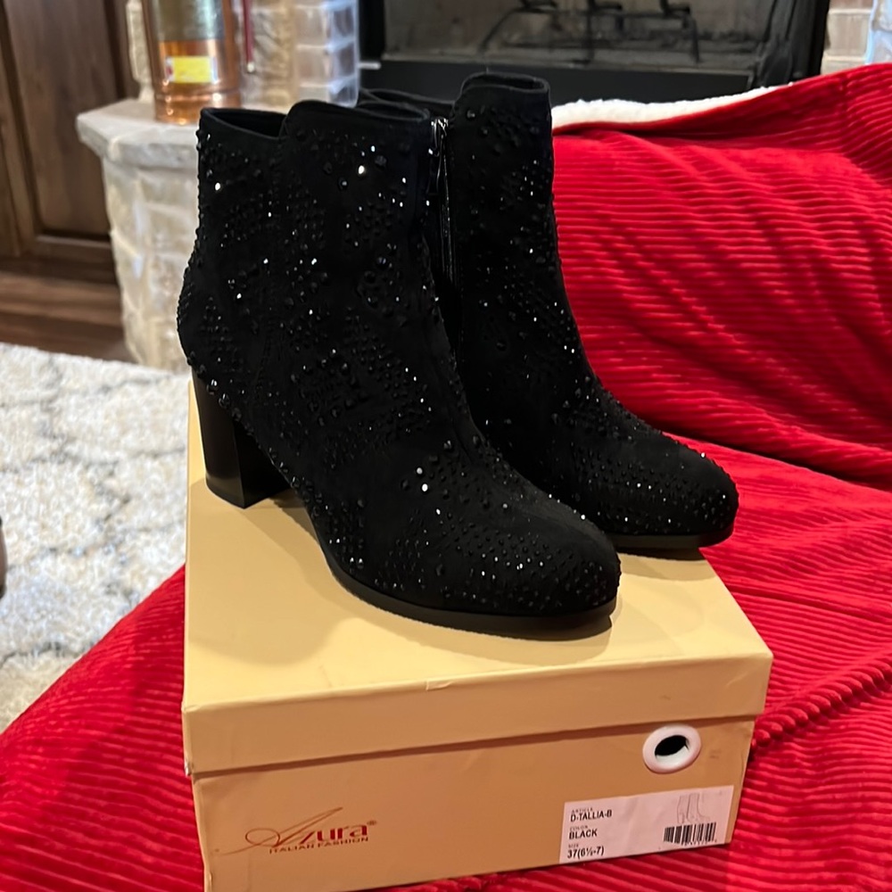Black suede with black sparkle beading. So pretty!